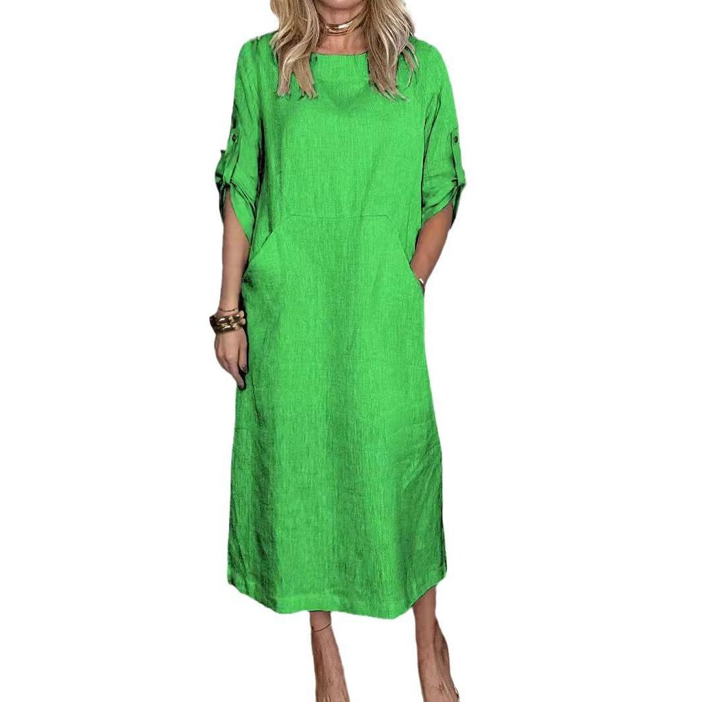 Spring/Summer Women's Solid Color Cotton-Linen Dress with Pockets