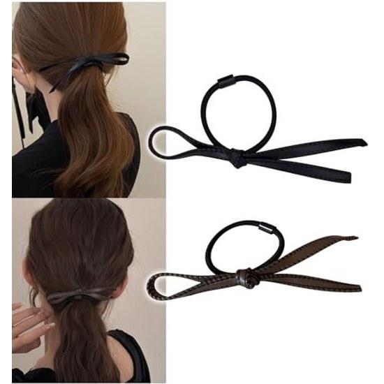 Herbeluemily Hair Tie Ribbon PU Leather 2-Piece Set Black Decorative Accessory Ornament Stylish Adult Brown Mixed HM-0020-R04-BKBN