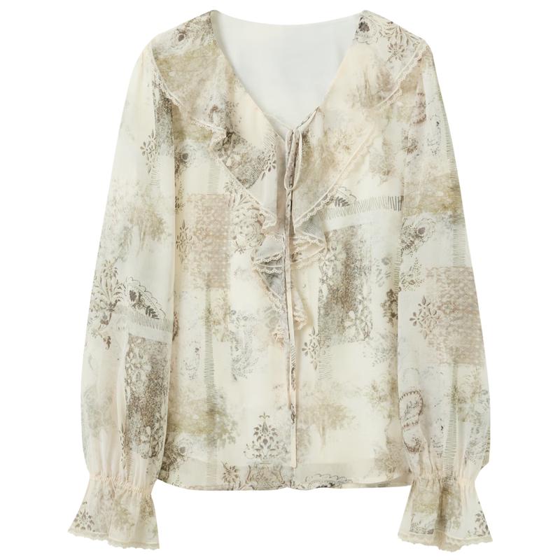 Women s Floral Ruffle V-Neck Chiffon Blouse L