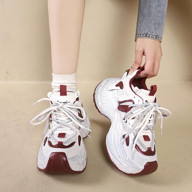 Paris Leather Small Man Height Increase 8cm Dad Shoes Women's Korean Version Color Matching Thick-soled Round Head Versatile Casual Sports Shoes