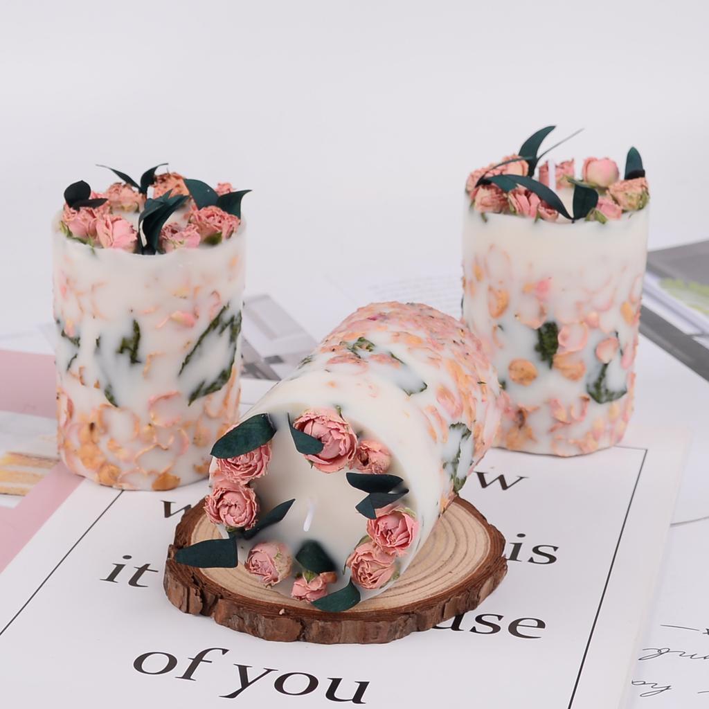 Ins Cylindrical Preserved Flower Dried Flower Rose Flower Embossed Scented Candle Soy Wax Ornament Gift Home Decoration