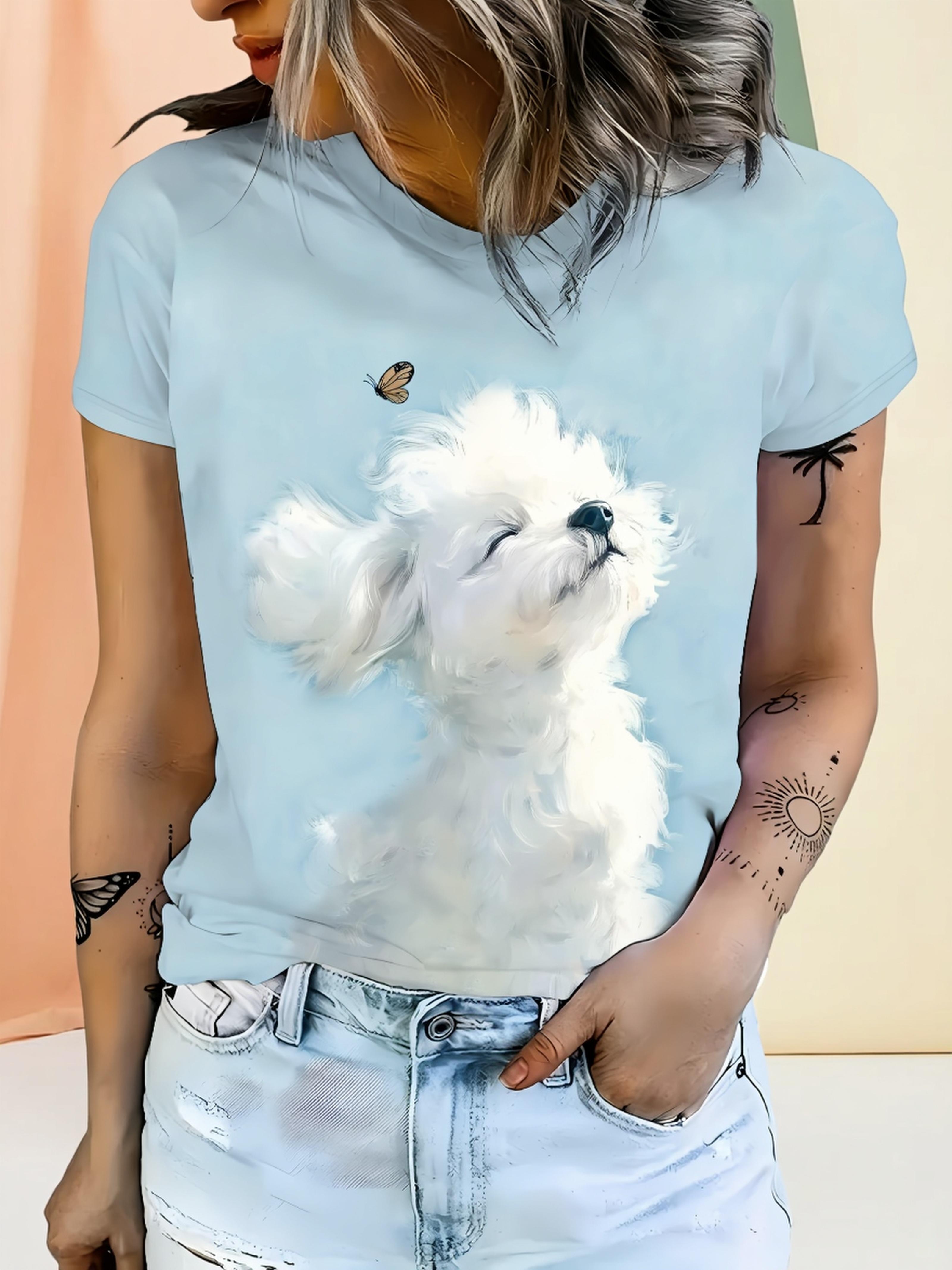 

Cute series! Light blue base cute dog chasing butterfly pattern short sleeved shirt. Women s fashionable top. Women s casual and comfortable round nec L дубильная кора
