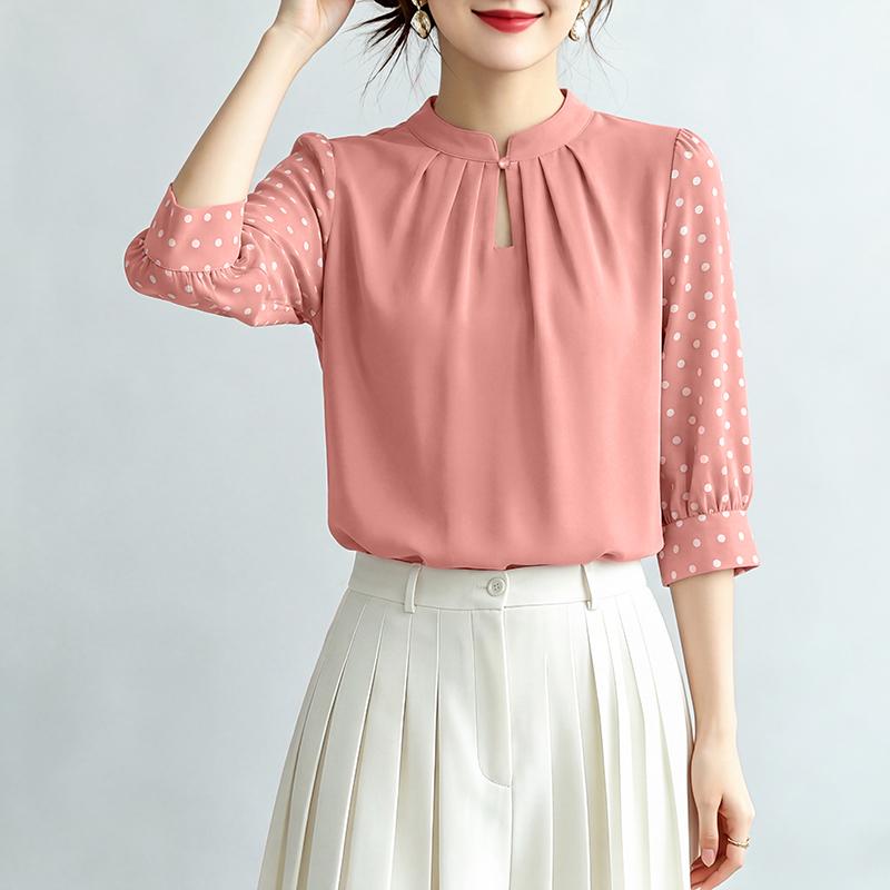 ZANZEA Women Casual Polka Dot Print Splice 3/4 Sleeve Loose Crew Neck Blouse