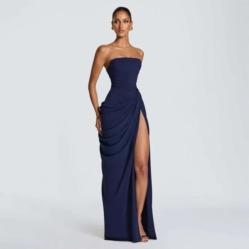 Solid Sexy Pleated Strapless Dress Women Chic Off-shoulder Backless High Waist Split Maxi Dresses 2026 New Evening Party Gown