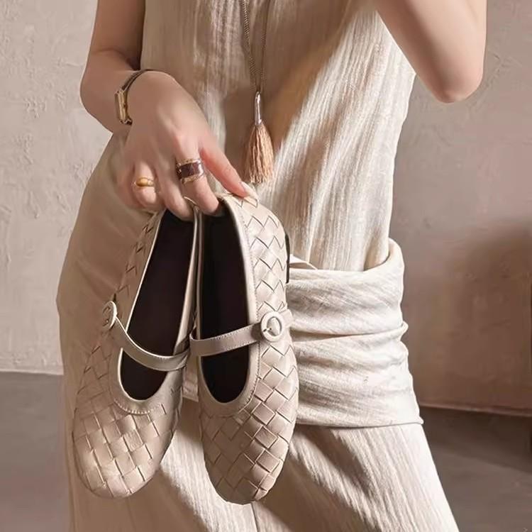 Sheepskin~ French Retro Woven Word with Mary Jane Shoes Women's Leather Shallow Mouth Flat Sole Shoes Versatile Ballet Shoes
