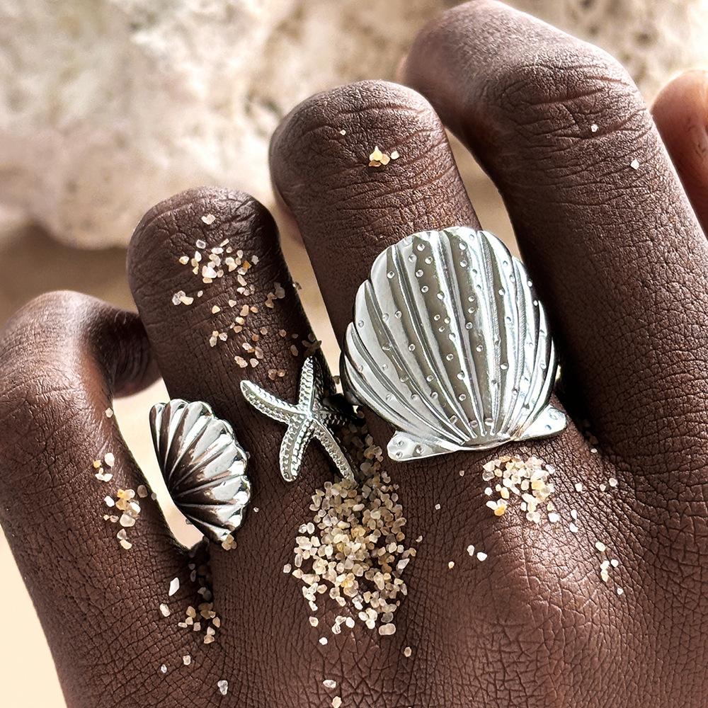 

Vintage Shell Starfish Ring for Women Men Stainless Steel 2Pcs/set Simple Gold Color Ocean Style Minimalist Finger Rings Zircon