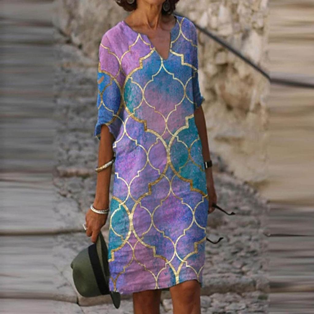 WomenV-neck Folk-custom Plus Size Print Loose  Dress Temperament Casual Waist