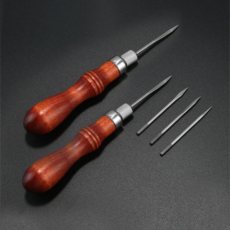 Hand Sewing Awl Set Pin Punching Wood Handle for Leatherworking Enthusiasts