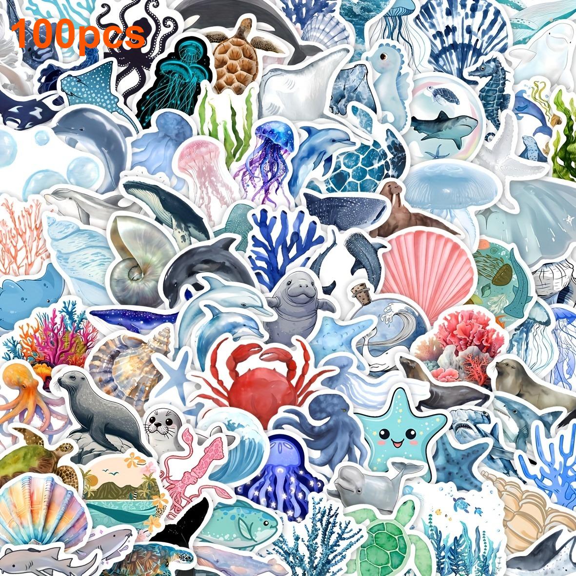 

100pcs Ocean-Themed Marine Life Stickers PVC Decals with Dolphin Starfish Jellyfish Shells Coral Reefs Scrapbooking Stickers
