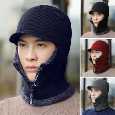 Thermal Hat Zipper Opening Fleece Lining Knitting 2 In 1 Solid Color Men Neck Guard Cap Hat for Sport