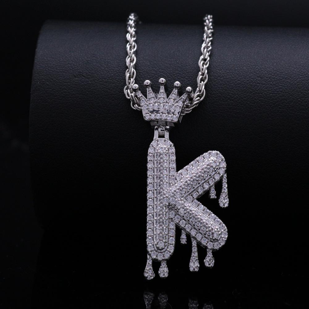 Stylish Hip Hop Zircon Crown Pendant Necklace with 26 English Letters for Women