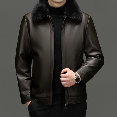 Chaqueta de piel de oveja todo en uno para hombre de mediana edad con solapa corta y chaqueta de cuero engrosada con terciopelo