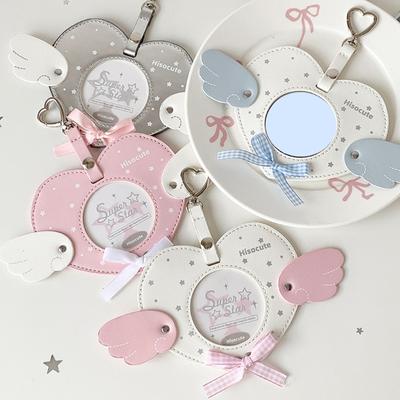Angel Wing Heart Shape Card Cover PU Leather Badge Protector With Strap and Metal Clip For Photo Card Picture Storage