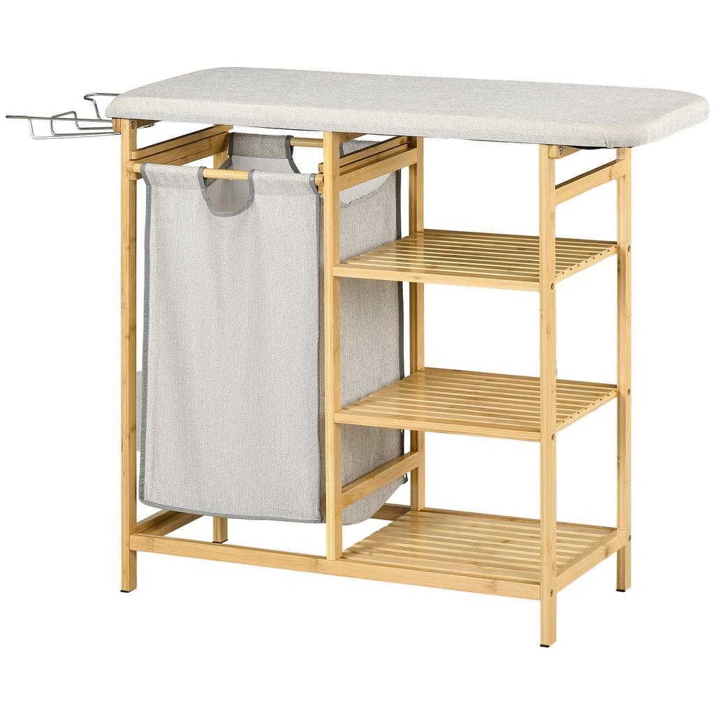 Cesto raccogli biancheria, multifunzionale, asse da stiro e sacca in tessuto 57L, struttura in bambù, 113x34x82cm, naturale/grigio