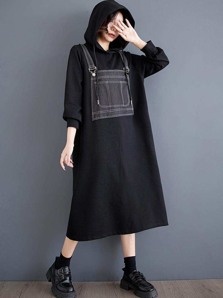Xitao Loose Denim Patchwork Hooded Women Dress ZYY1030