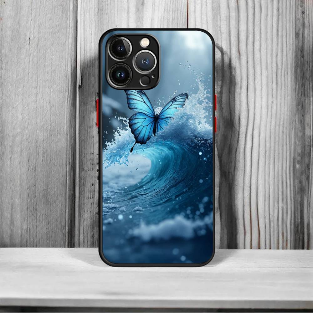 Blue Butterfly Ocean Waves Shockproof Matte Phone Case For IPhone 16 15 14 13 12 11 Pro Max X XR XS MAX Mini