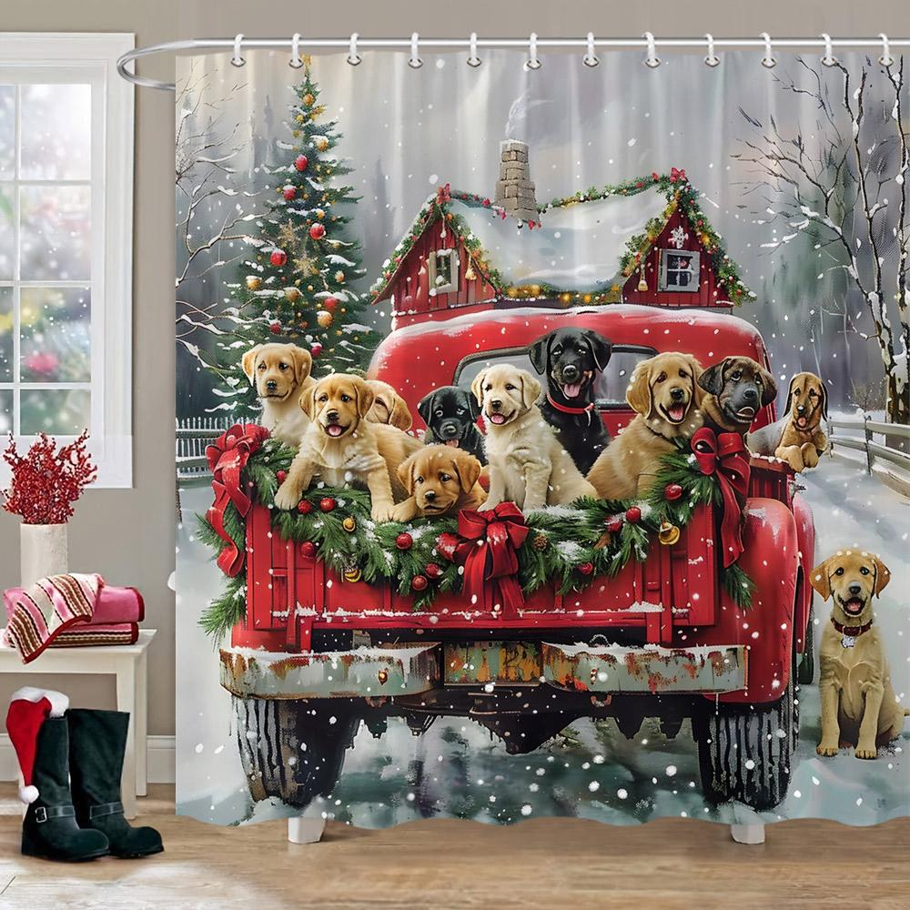 Christmas Printed Shower Curtain Cute Snowman Red Truck Christmas Tree Socks Gifts Winter Fabric Shower Curtains Bathroom Decor