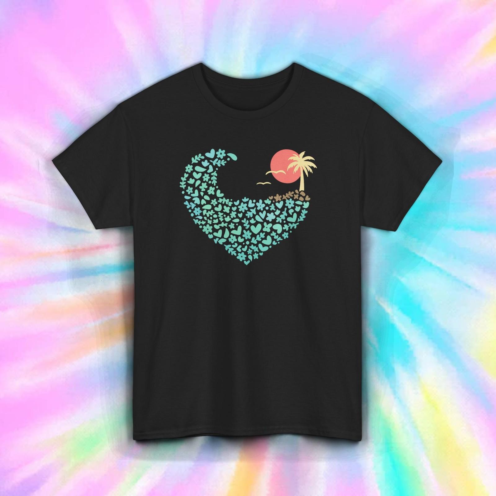 Tropical Heart Wave T-Shirt | Beach Sunset Palm Tree Ocean Vacation Graphic Tee XXXXL