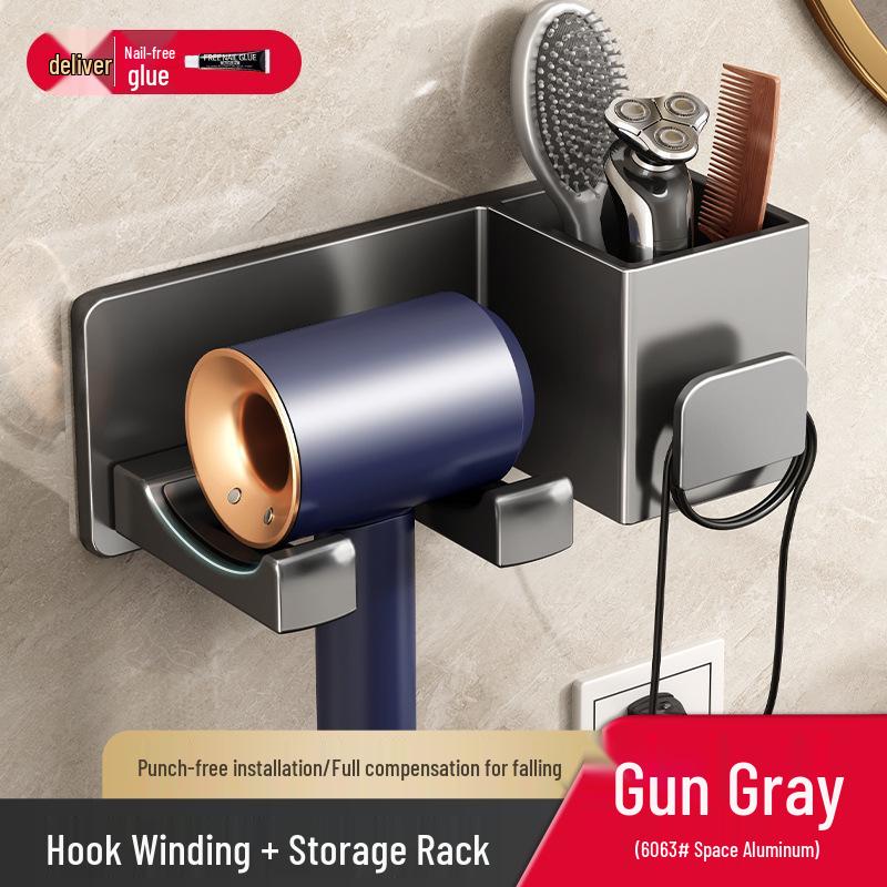 Punch-Free Wall-Mounted Hair Dryer Rack with Storage Shelf
