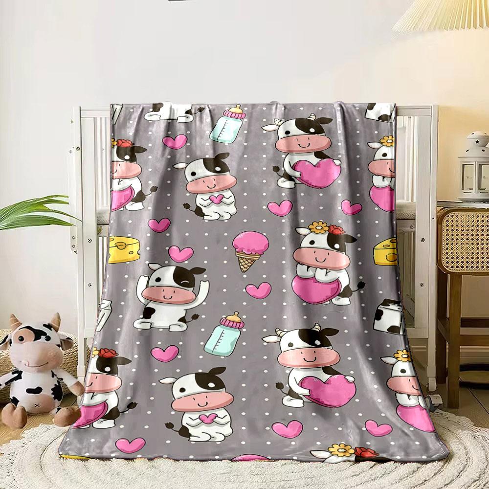 Cartoon Cow Heart Print Blanket bedroom Blanket for Livingroom Couch lunch break Soft throw for Friend's festival Gift