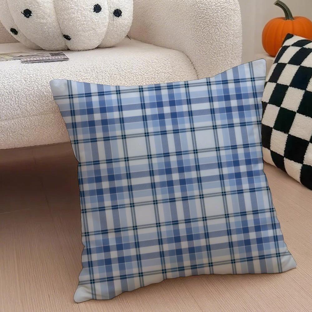 Classical Blue Tartan Design Plaid Cushion Cover Throw Pillow Cover Hidden Button Durable Polyester Chair Cushion