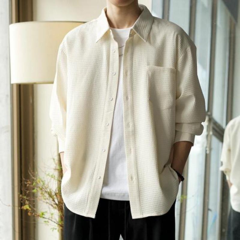 Camicia a Bottoni Waffle da Uomo Yousheng Manica Lunga Casual Vestibilità Larga con Taschino sul Petto Camicia Elegante da Uomo Autunnale
