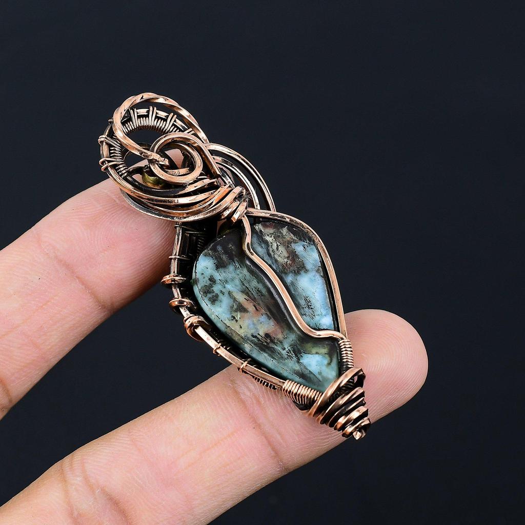 Beautiful Larimar Gemstone Handmade Pure Copper Wire Wrapped Pendant Jewelry