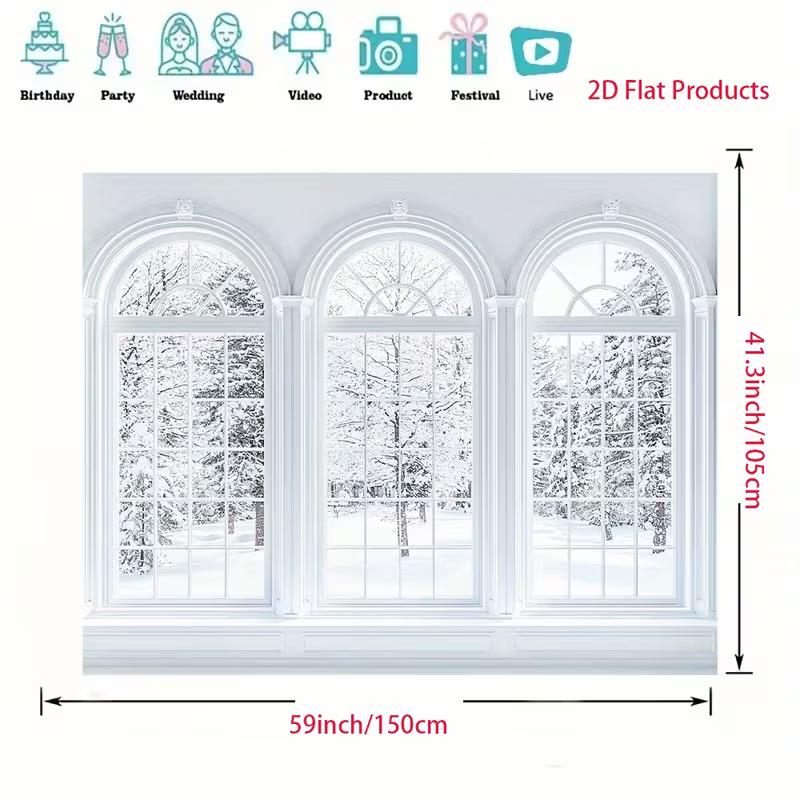 2D Bright Snowy Forest Scene Backdrop, Triple Arched Windows View Photography Background