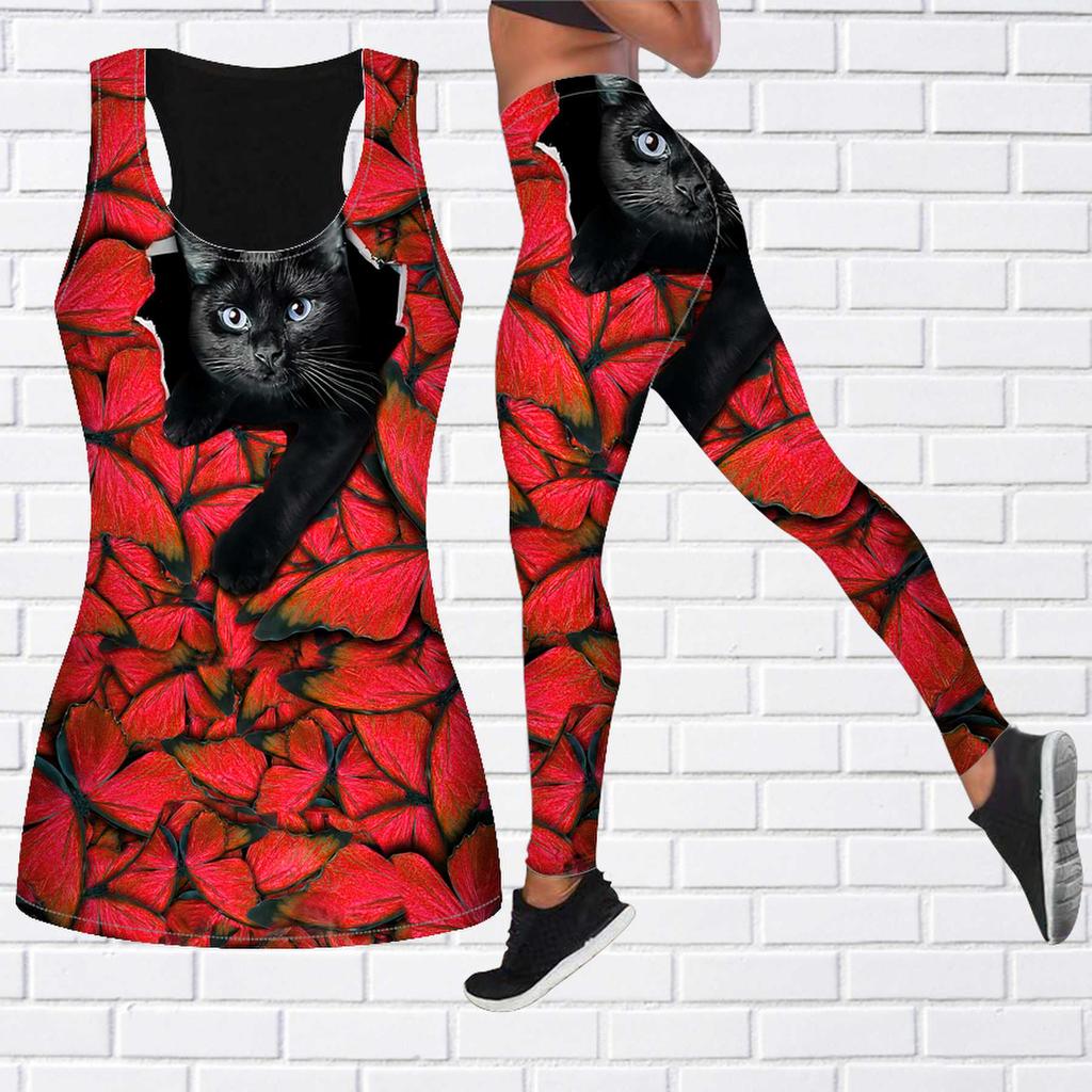 Butterfly Kittens Print Yoga Outfit for Women Fashion Workout Leggings Fitness Sports Casual Yoga Pants