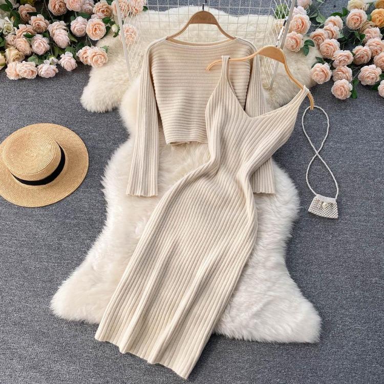Twist Crop Sweater Solid Color Slim Knit Set Dress Two Piece Set Women All Match Autumn Winter For Ladies Hip