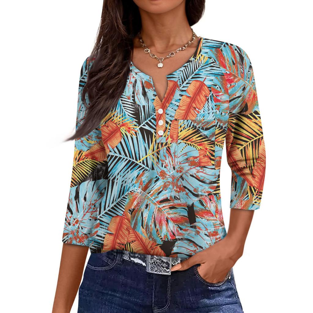 Dámská Ležérní Módní Výstřih do V Volná Univerzální Květinový Potisk Tříčtvrteční Rukávy