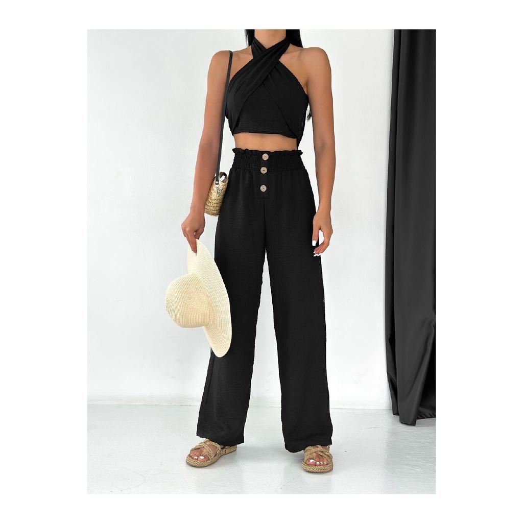 New Season High Waist Button Detailed Elastic Waist Linen Black Palazzo Trousers