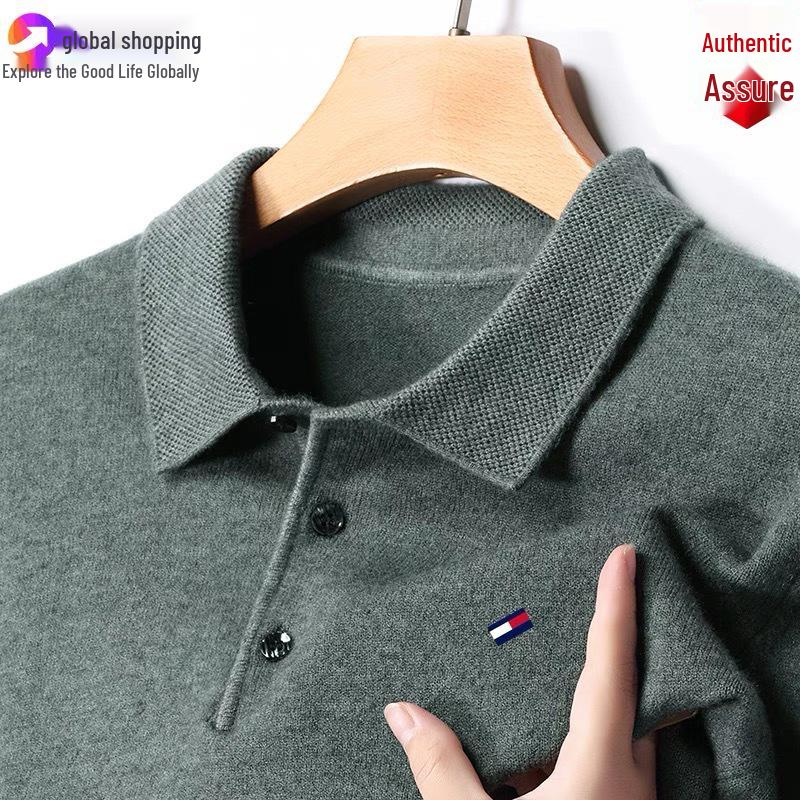 Autentyczny męski sweter Tommy z kaszmiru, z długim rękawem - Jednolity kolor, Haftowany, Kołnierz, Duży rozmiar, Uniwersalna dzianinowa baza.