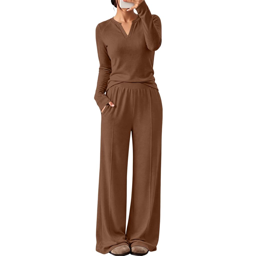 Women's V-Neck Long Sleeve Sweatshirt and Pants Set Casual Two Piece Outfit for Workout and