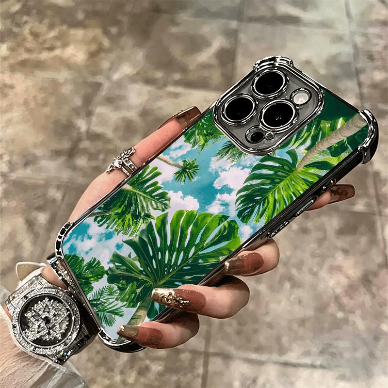 Summer Plants Green Leaf Soft Phone Case For iPhone 15 16 17 Air 14 Pro Max 16E Plus 13 12 Mini Plating Anti-Fall Fundas