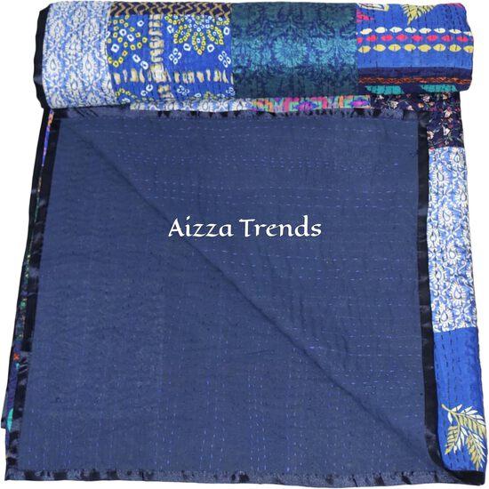 Aizza Trends Handmade Pure Cotton Patch and Patola Work Kantha Quilt - Traditional Indian Throw Blanket-Vintage Cotton Silk Saree Quilt