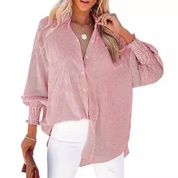 Striped Long-Sleeve Loose Casual Women's Shirt with Pocket