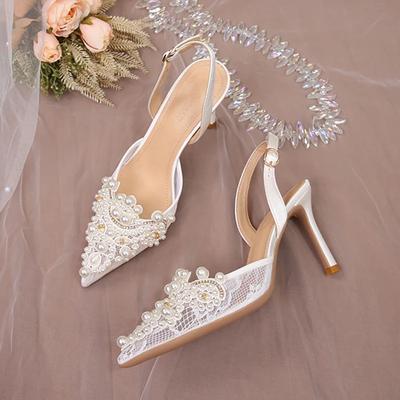 Fashion Luxury Pearl Lace Women's Slingbacks Pumps 2024 Pointed Toe Thin Heels Wedding Shoes Women Elegant Super High Heels Pumps