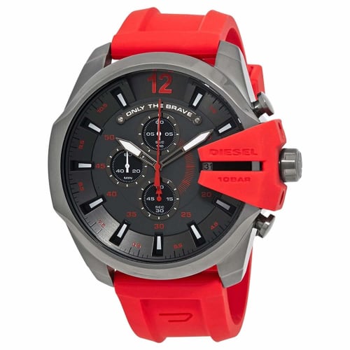 Diesel Men's Mega Chief Quartz Stainless Steel and Silicone Chronograph Watch, Gray and Red (Model: DZ4427)