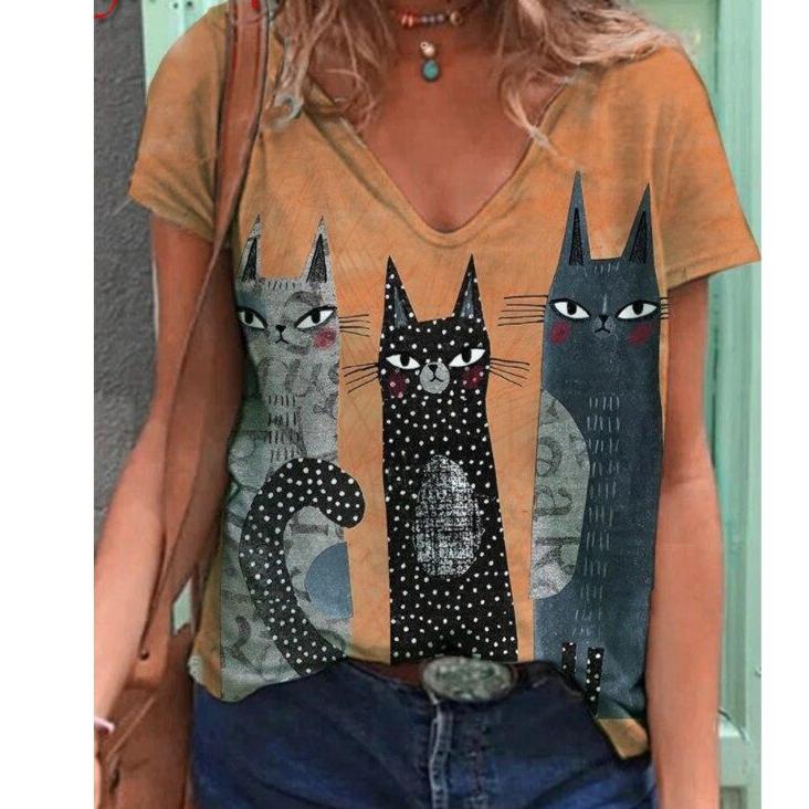 Funny Cut Kawaii Cartoon Cat Print V Neck Short Sleeve Casual Harajuku Tee T Shirt Plus Size Top Femme Women Summer Clothes