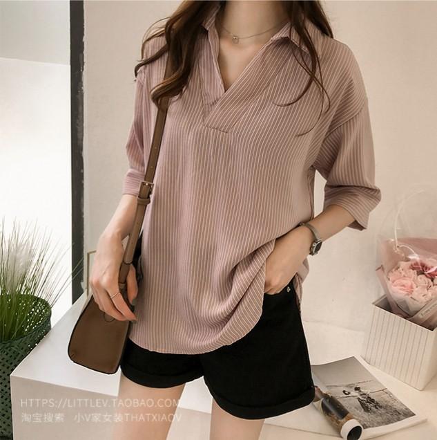 Spring and Summer New Large Size Korean Version Loose and Thin Striped Shirt Women's Seven-quarter Sleeve Top Versatile Hugh