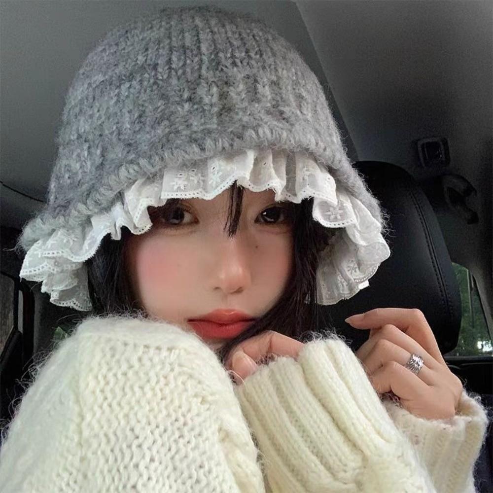 Solid Color Knitted Fisherman Hat Yarn Beanie Hat Sweet Women Bucket Hat  Women