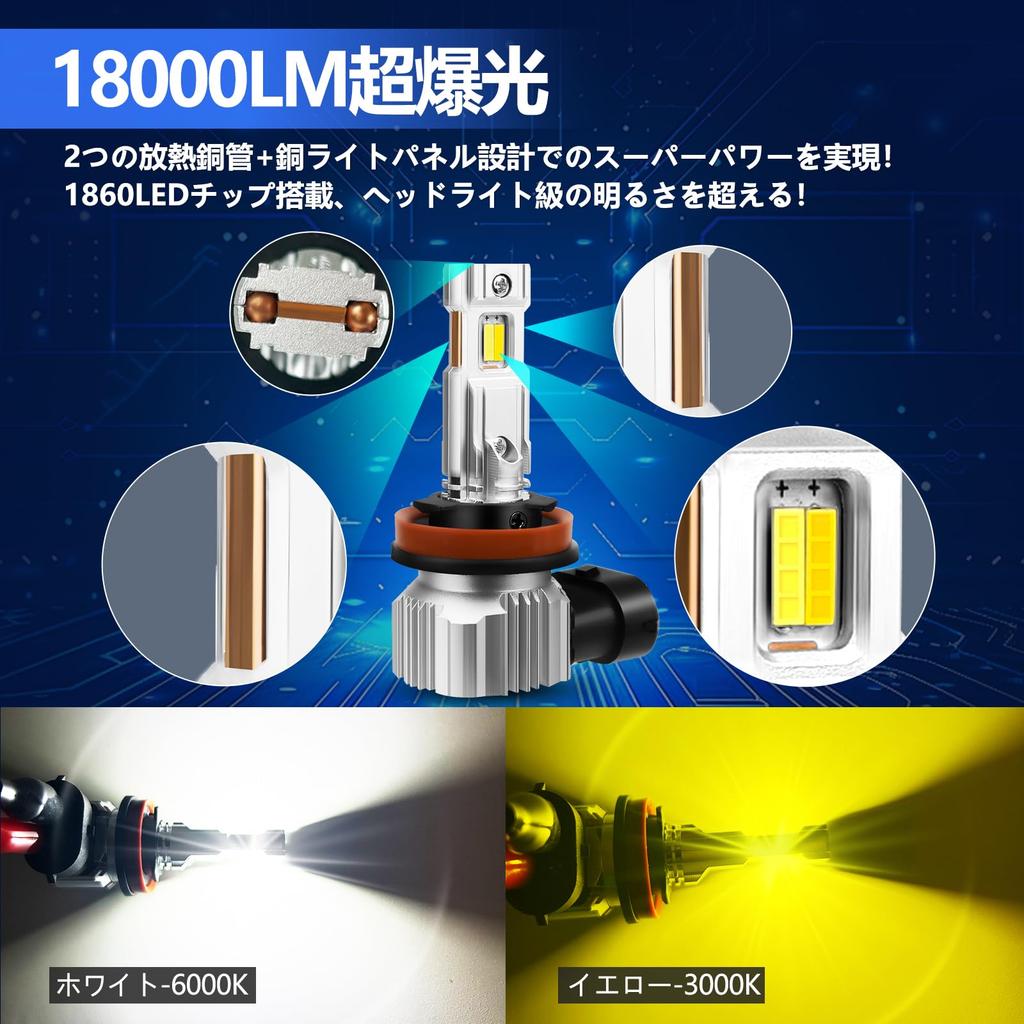 TORAKIA H11 LED Fog H8 LED Fog Memory Vehicle Inspection Radio Noise Lights, Lights, 2-Color Switching, White/Yellow, 18,000 Lumens, Function,