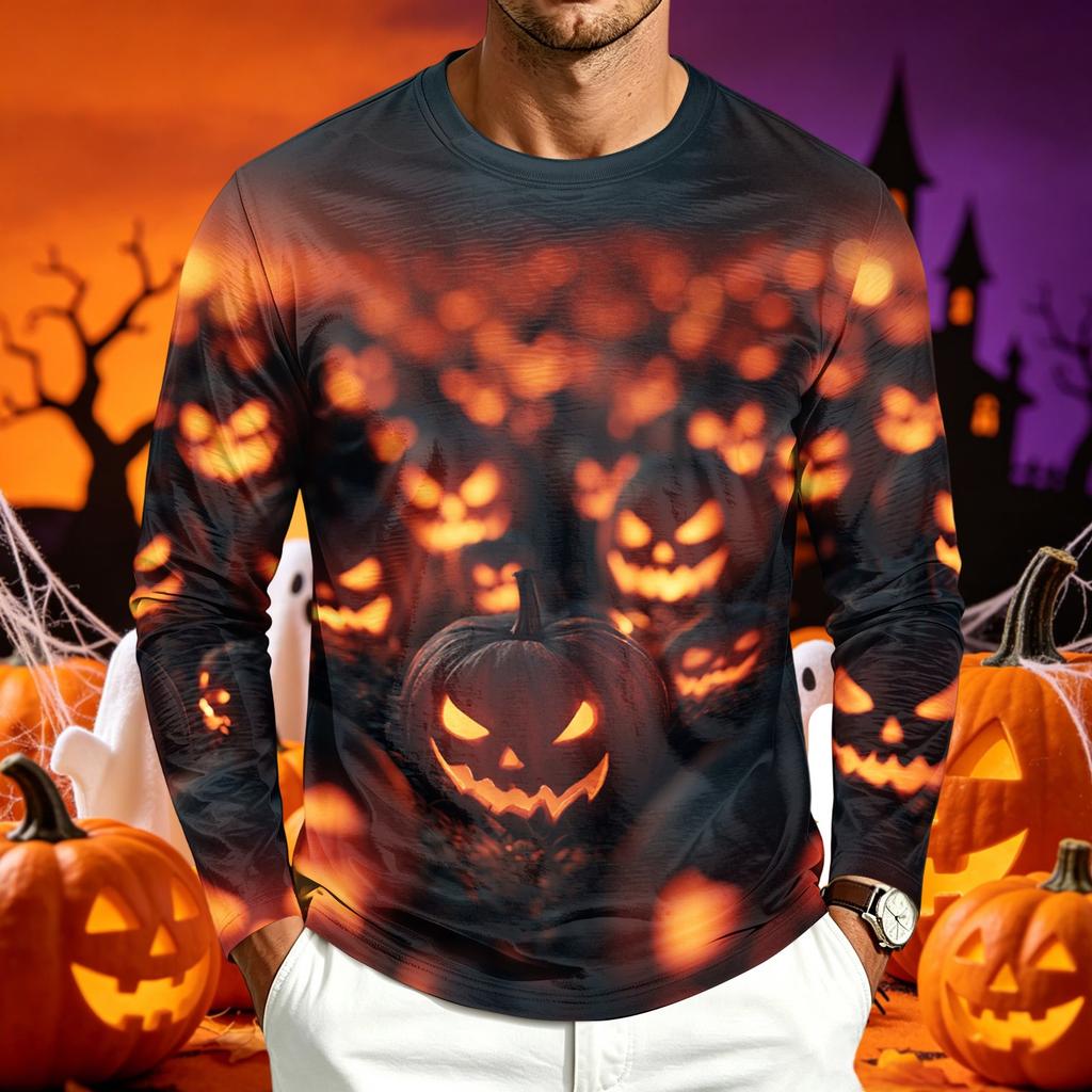 Men's Casual Long Sleeve Halloween Printed T-Shirt for Everyday Wear