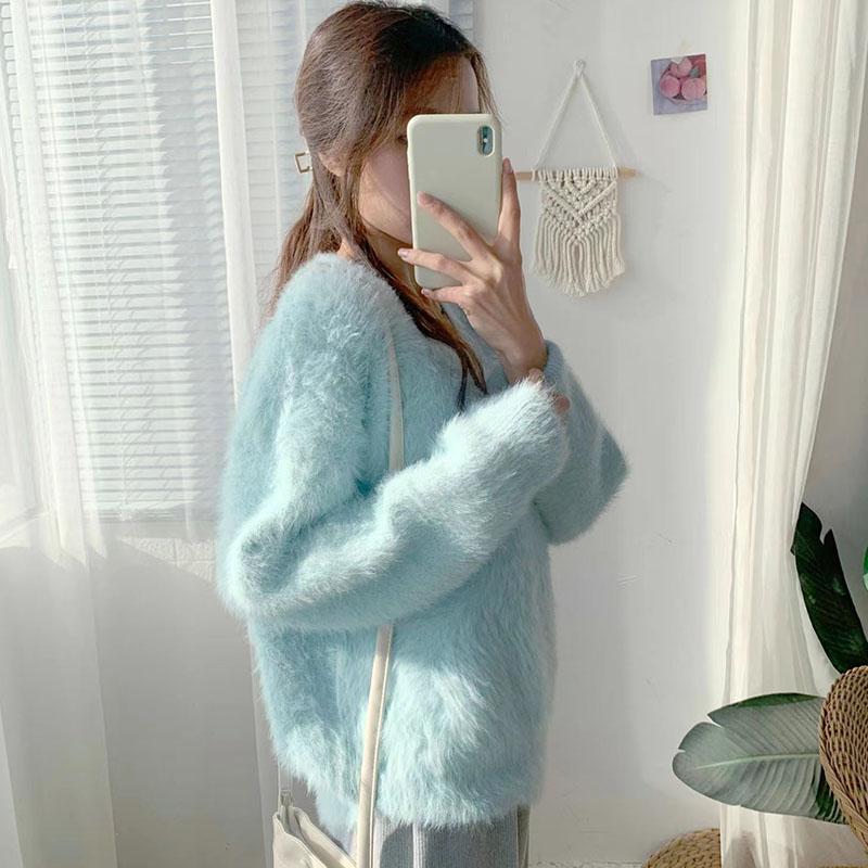 Svetry s výstřihem do V Imitace norky Ženy Pletené svetry zahuštěné Dámské Podzim Zima Teplé Jednobarevné Volné Ležérní svetry