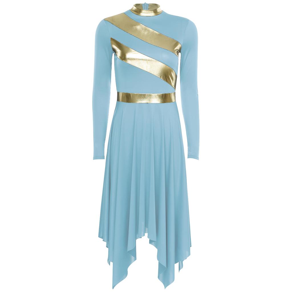 Womens Worship Dance Dress Metallic Patchwork Long Sleeve Irregular Hem Tunic Lyrical Performance Gown