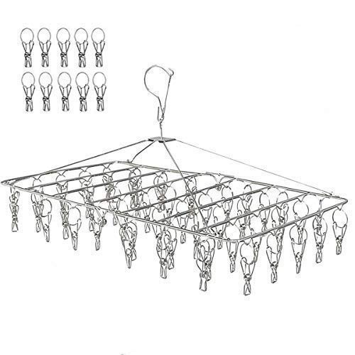 LEEPWEI Stainless Steel Foldable Clothes Drying Rack with 52 Clothes Pinch Pins, Multi-Function Storage, Gift Included (10 Spare Pins Included)