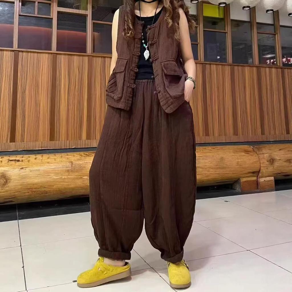 Spring Women's Retro Casual Set: Artistic Vest & Elastic Waist Pants