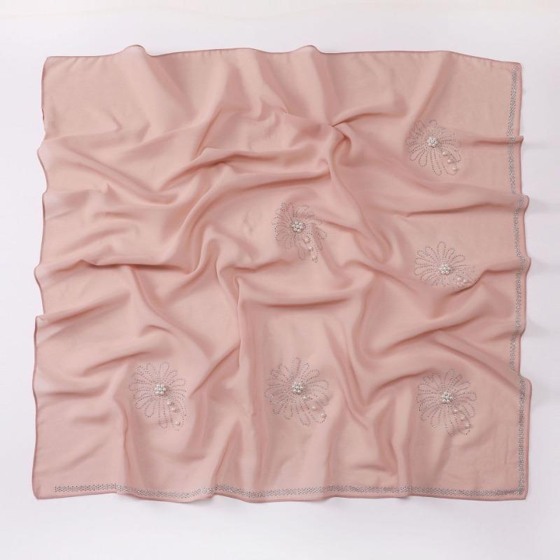 New Pearl Chiffon Daisy Rhinestone Beaded Square Scarf For Women
