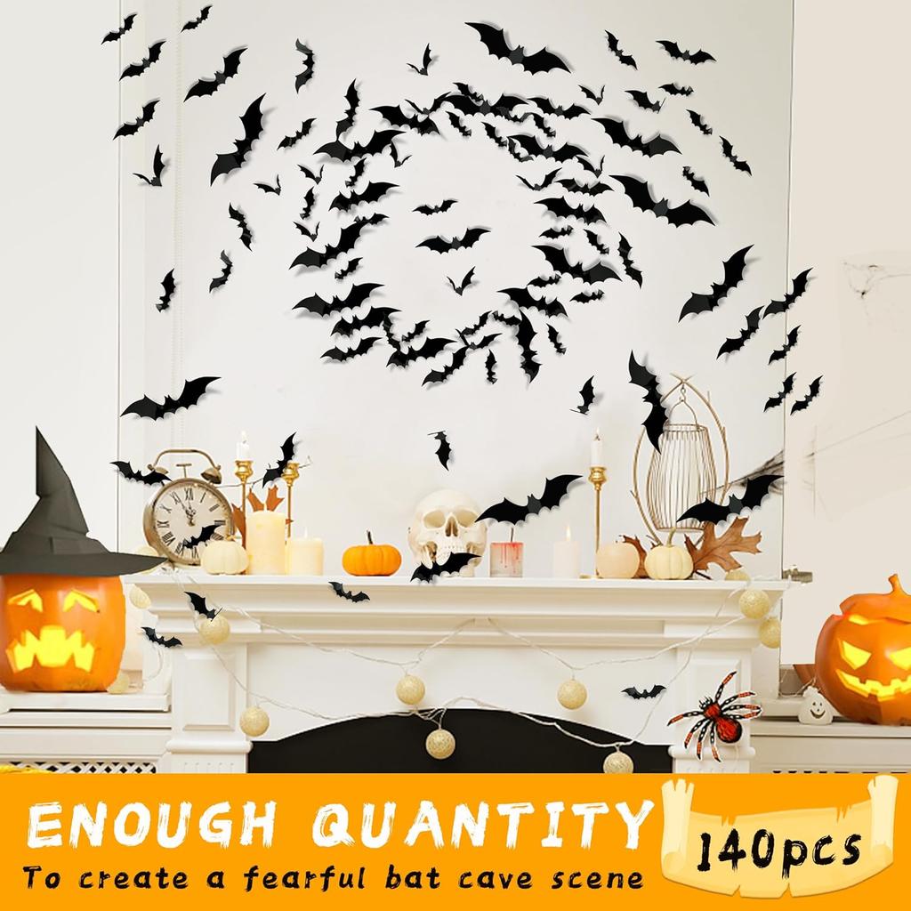 TDHDIKE Halloween Party Supplies & Decorations 140Pcs Realistic PVC 3D Black Scary Bat Wall Stickers for Creepy Home & Indoor Decor DIY Wall Decal